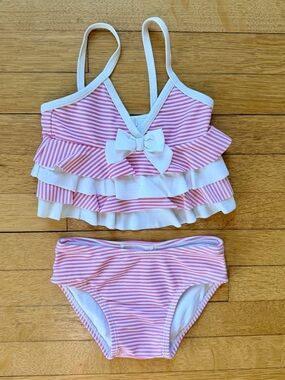 Janie and Jack Pink and White Striped Ruffle Bikini Set with Bow